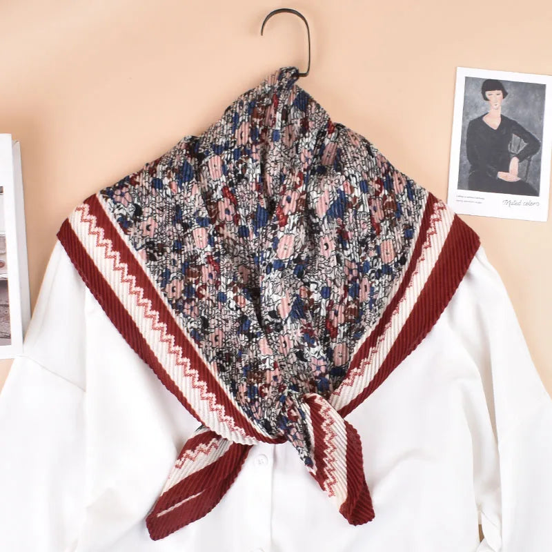 New Winter 90cm Large Square Geometric Floral Scarf Cotton Linen with Pleated Pressed Handkerchief Bandanas Made of Polyester