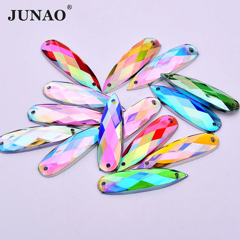 JUNAO 8*28mm Fancy Mix Color Crystal Stone With Double Holes Teardrop Sew on Acrylic Rhinestone for Clothing