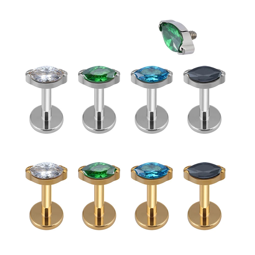 New Fashion CZ Internally Threaded Helix Tragus Lip Stud Dorado Gold Titanium Labret Piercing