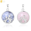 CSJA Natural Stone Chakra Healing Crystal Round Gemstone Pendant Necklace Lovely Double Cats Pendants for Women Girls F333