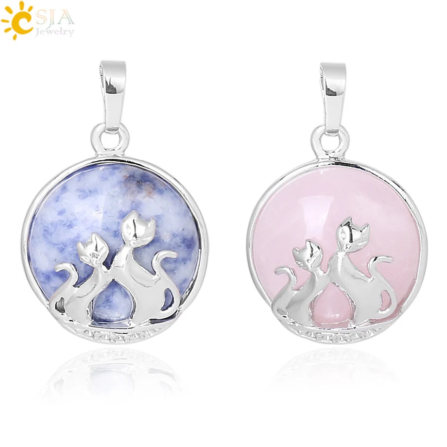 CSJA Natural Stone Chakra Healing Crystal Round Gemstone Pendant Necklace Lovely Double Cats Pendants for Women Girls F333