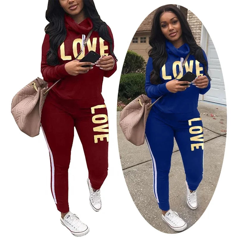 Two Piece Womens Sets Love Letter Print Tracksuit Matching Sweat Suit Fall Winter Clothes Trendy Outfits