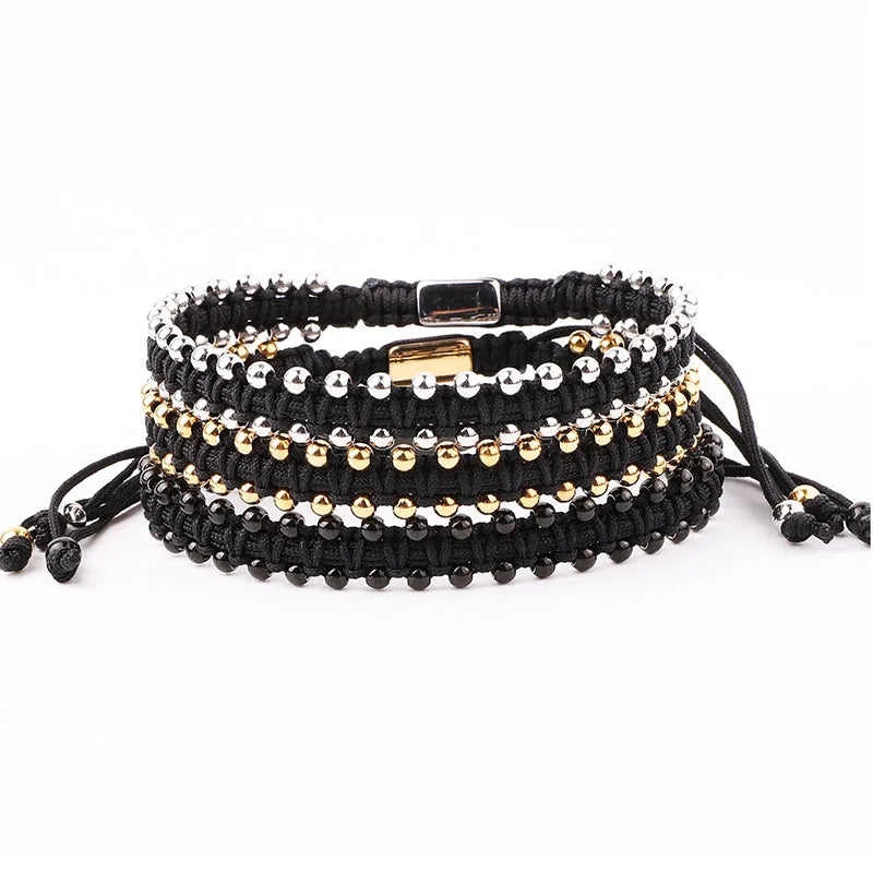 High Quality Women Men Bracelet 3mm Stainless Steel Beads Double Layer Woven Macrame Friendship Bracelets