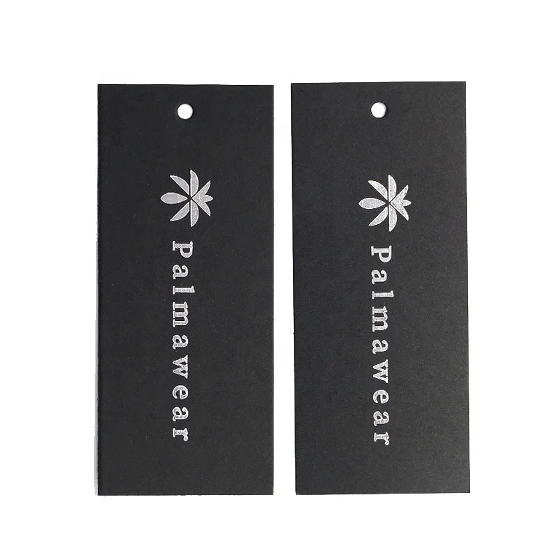 500gsm Black Paper Card Silver Stamping Hanging Tag Clothing Label with String
