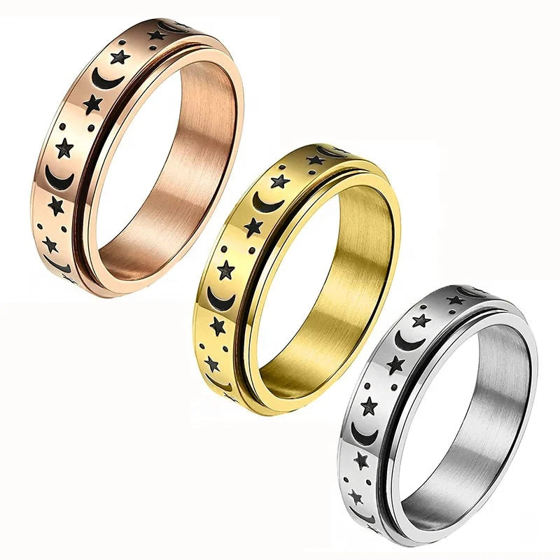 Fashion Stainless Steel Rotating Rings Star Moon Pattern Design Spinner Fidget Ring Jewelry Anti Anxiety Couple Rings