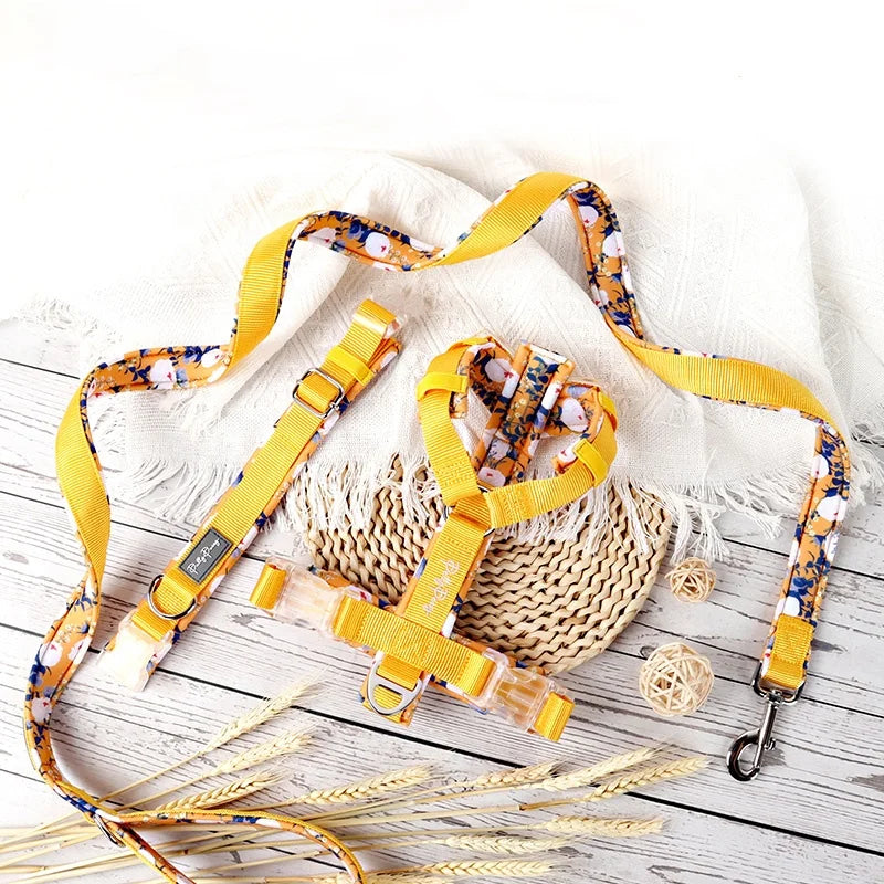 No Pull Custom Floral Pattern Pet Vest Personalized Collar Leash Comfort Padded Luxury Neoprene Designer Boho Dog Harness Set