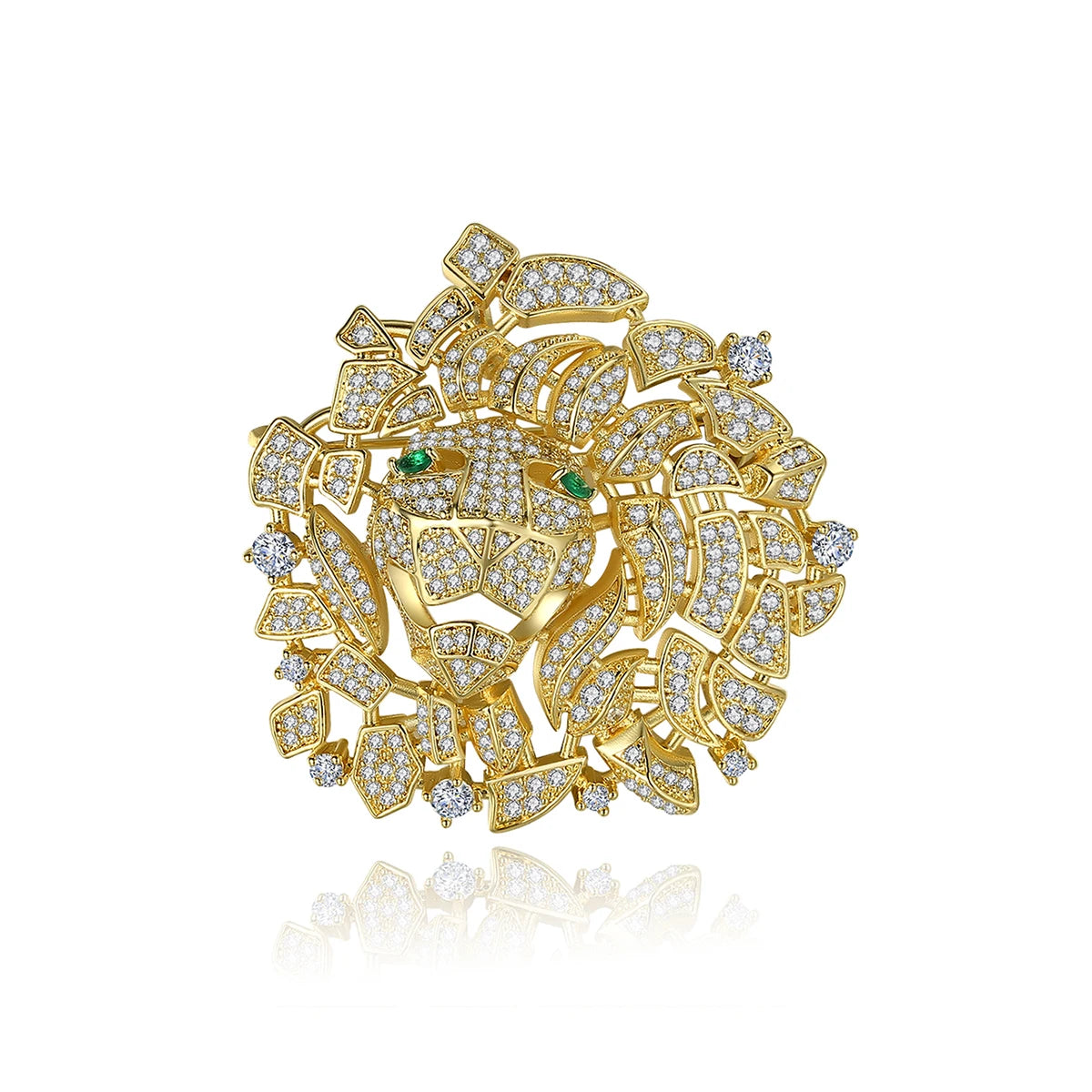 LUOTEEMI Gold Plated Luxury Women Safety Pin Fancy Lion Head Brooches with Cubic Zirconia Diamond Inspired Jewelry