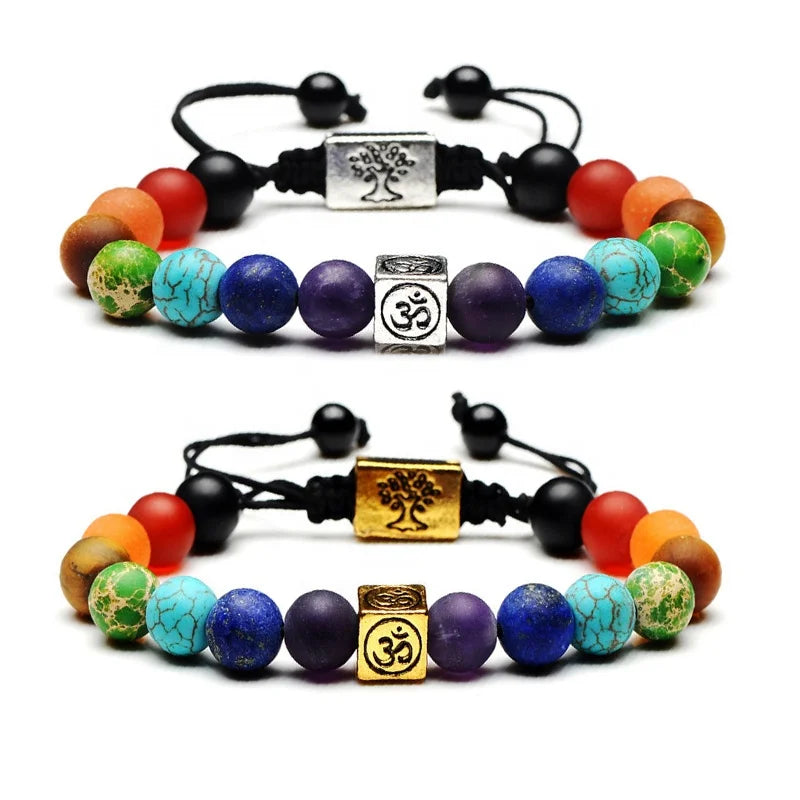Trendy Handmade Adjustable Knot Charm OM Tree of Life Women Men 7 Chakra Reiki Yoga Healing Natural Stone Bead Bracelet Jewelry