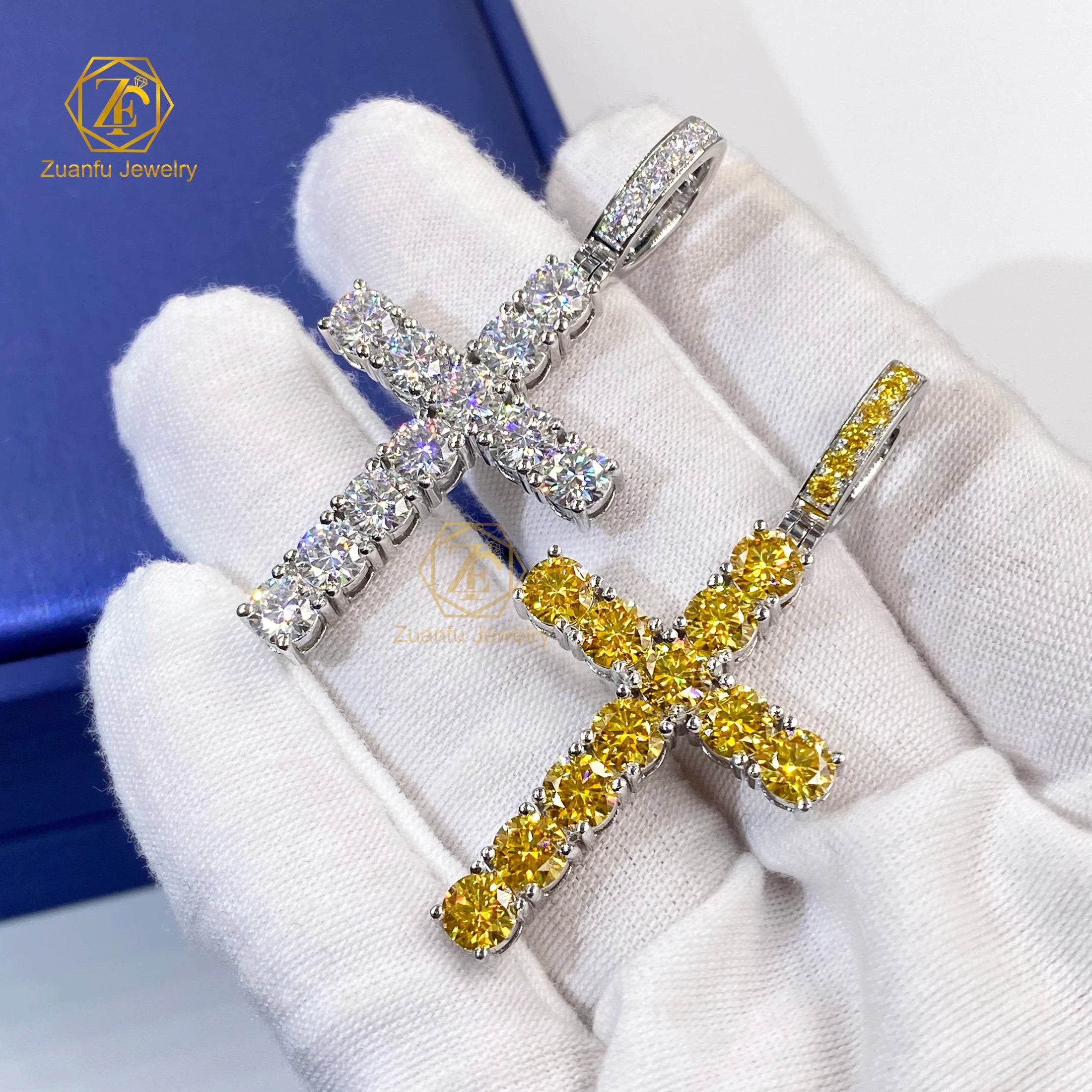 925 Sterling Silver 5mm Round D VVS Moissanite Yellow Moissanite Cross Pendant Wholesale Price Hiphop Moissanite Jewelry