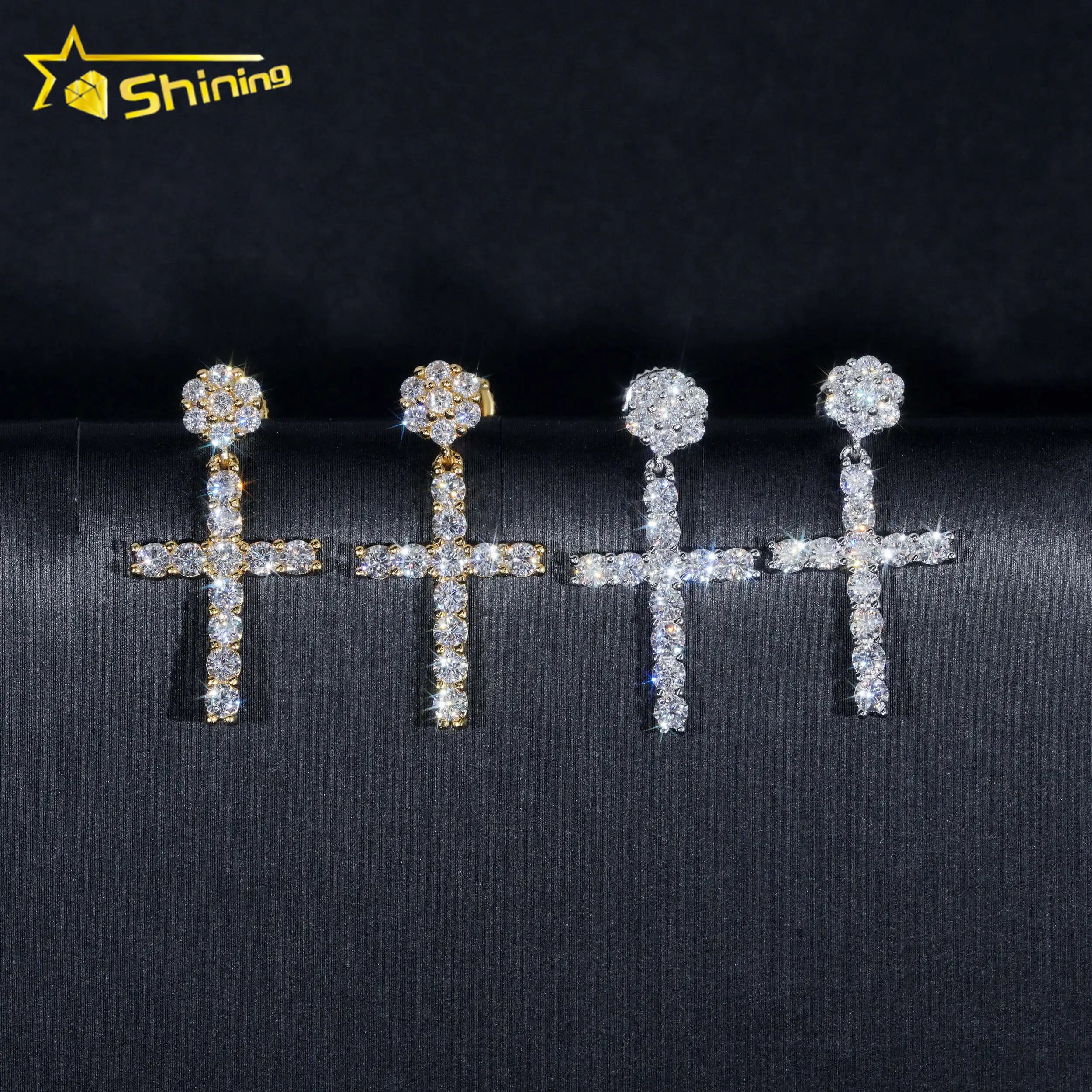 Hot Moissnaite Earring Fine Jewelry 925 Sterling Silver Gold Plated Iced Out VVS Diamond Moissanite Cross Hang Drop Earrings