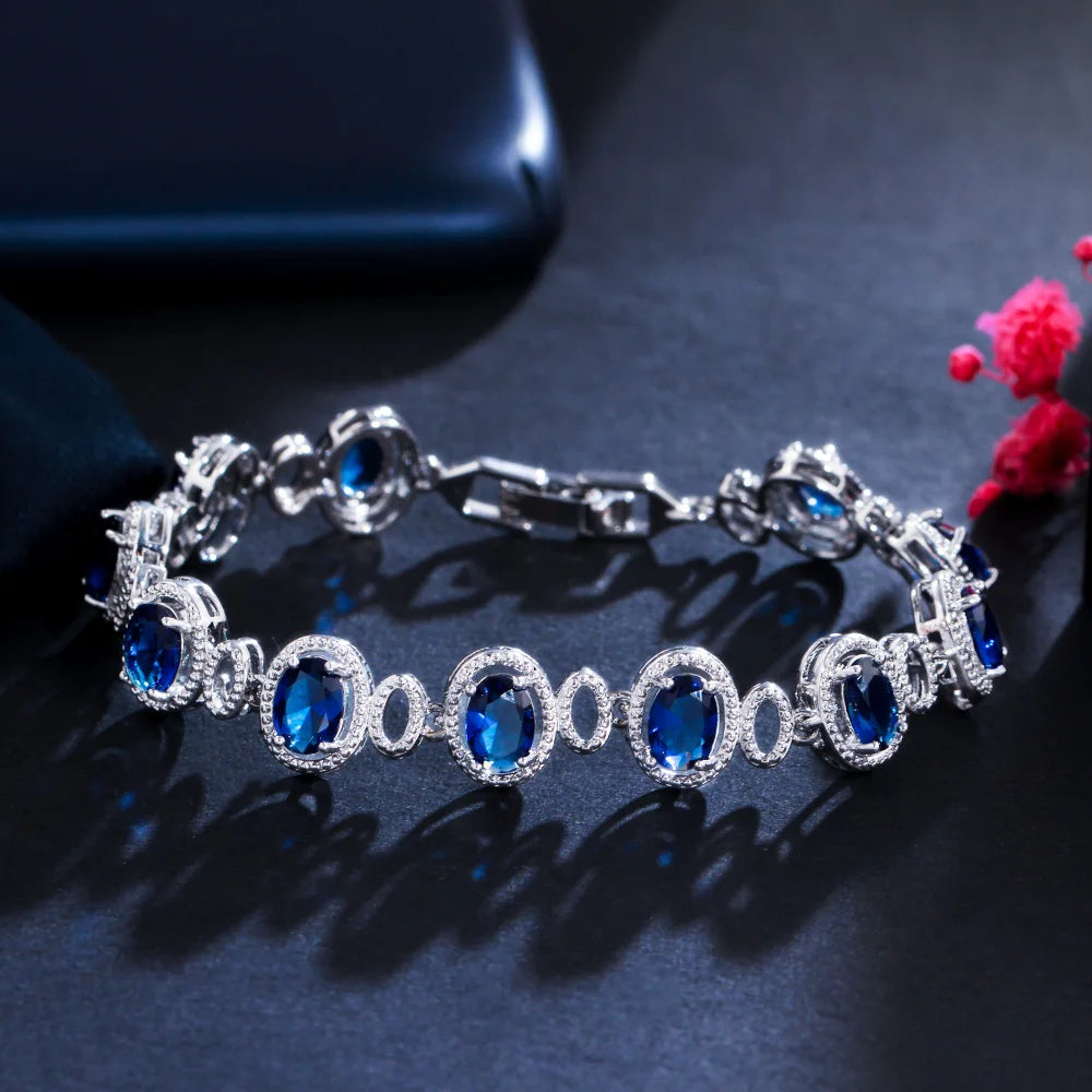 Purple Blue Cubic Zirconia Crystal Luxury Round Chain Link Tennis Bracelet for Women Trendy Silver Plated Jewelry Accessories
