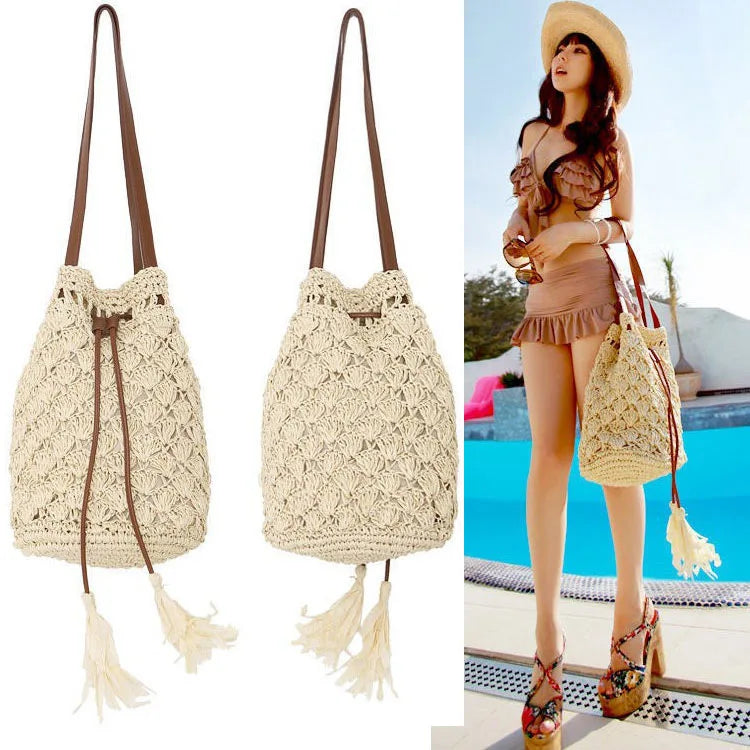 Straw Plaited Tassels Bag Beach Bag Hand-woven Straw Paper Rope Bag