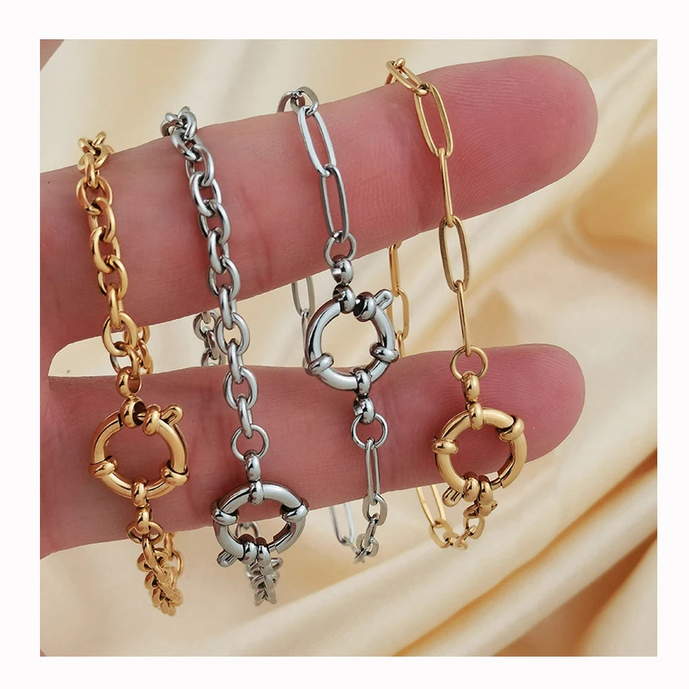 Waterproof Hypoallergenic Jewelry 18K Gold Plated Stainless Steel Paper Clip Chain Closure Bracelet Spring Buckle Bracelet