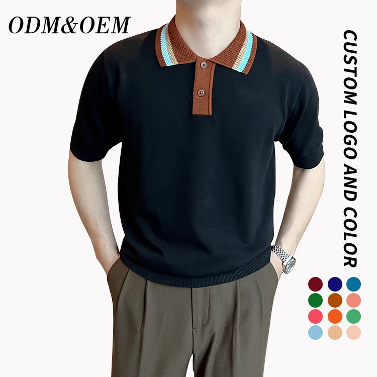 Short Sleeve Ribbed Knit Polo T Shirts Fashion Casual Golf Shirts Men's Button Sweater Polo Shirts