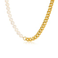 18K Gold Plated Stainless Steel Cuban Chain Asymmetry Natural Freshwater Pearl Necklace for Women and Men Fine Jewelry