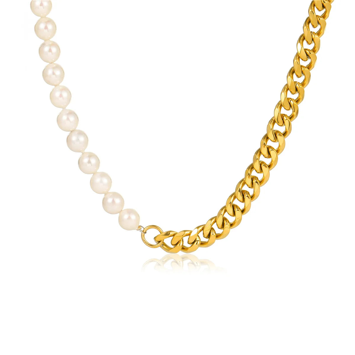 18K Gold Plated Stainless Steel Cuban Chain Asymmetry Natural Freshwater Pearl Necklace for Women and Men Fine Jewelry