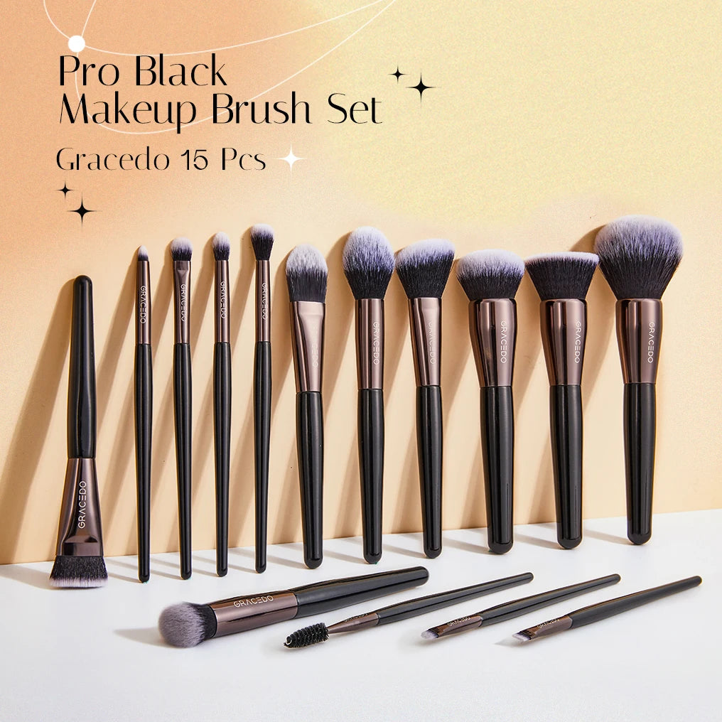 Custom Luxury High Quality 2023 Gold Logo Private Label Vegan Wholesale Brush Set Makeup 15 Pieces Black Makeup Brush