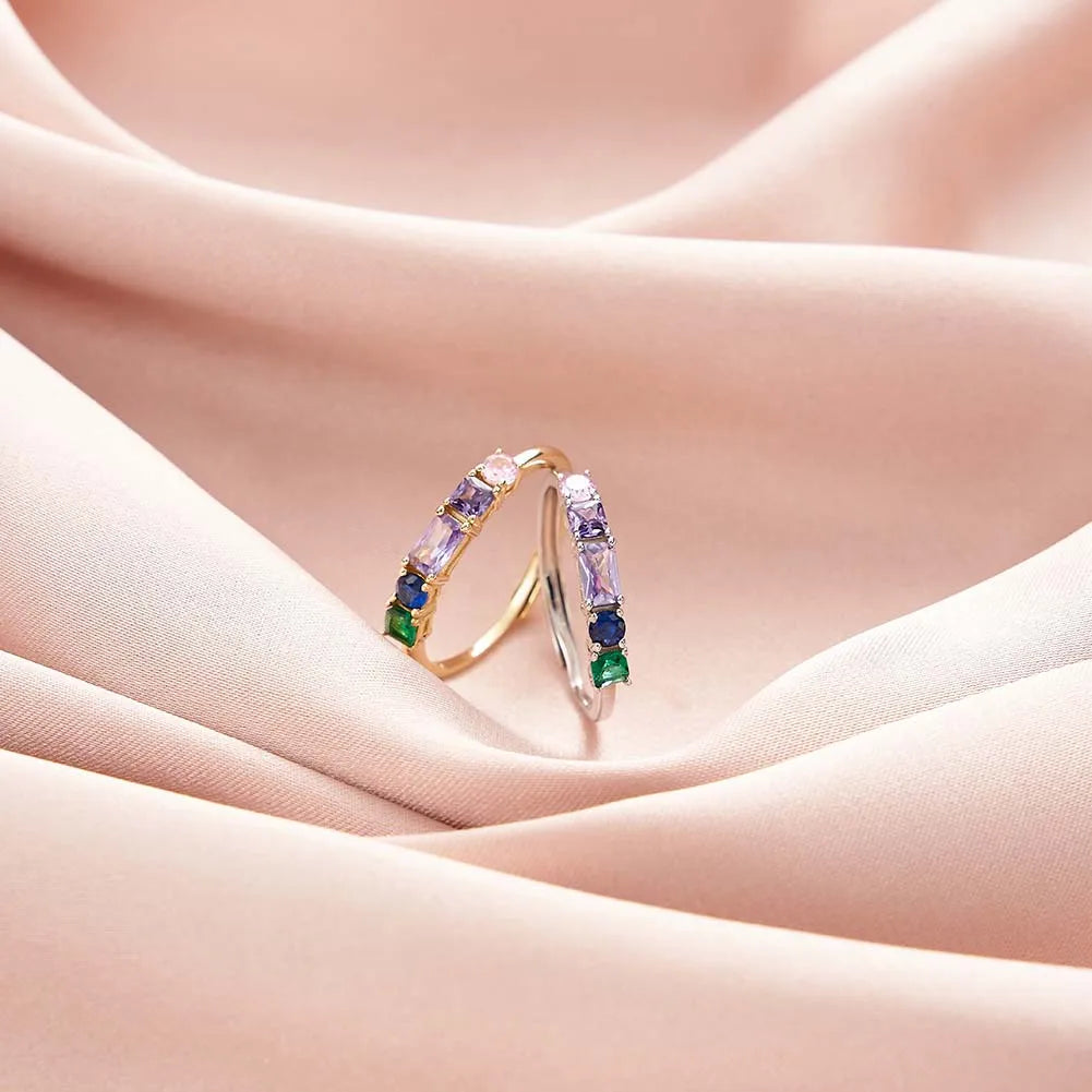 RINNTIN EQR64 New Style Personalized Fashion Ring Niche Colored Diamond 925 Sterling Silver Ring Women's Adjustable Finger Ring