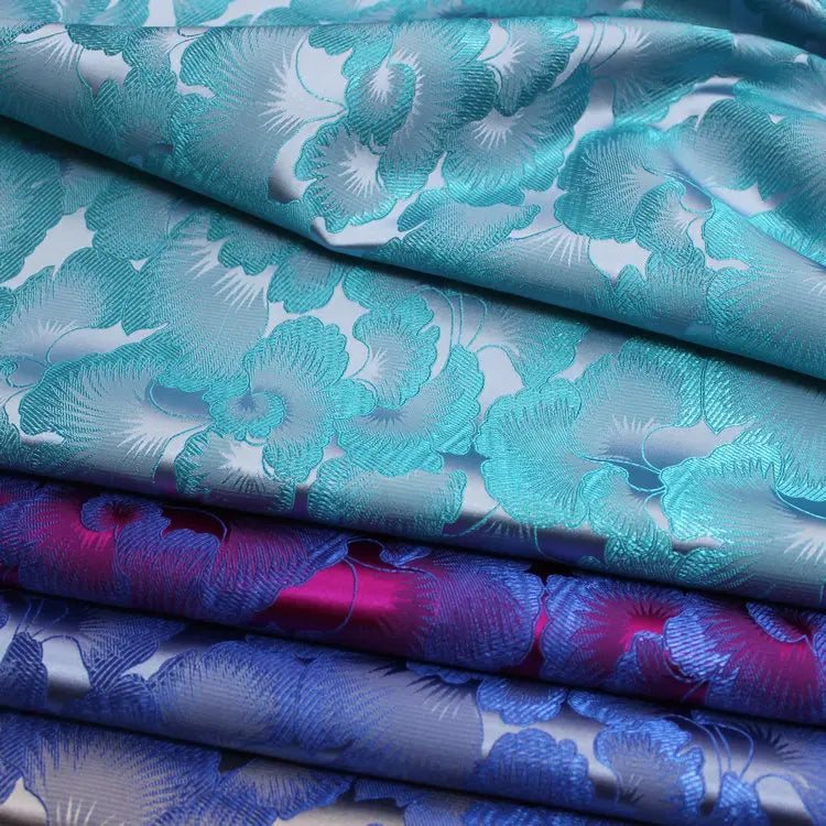 Chinese Traditional Manufacture Jacquard Leaves Shiny Blue Brocade Fabric Graceful for Men Women Kimono Clothing