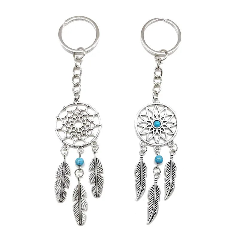 Metal Alloy Blue Beads Dreamcatcher Feather Wind Chimes Dream Catcher Key Chain Women Vintage Indian Style Keychain Gifts