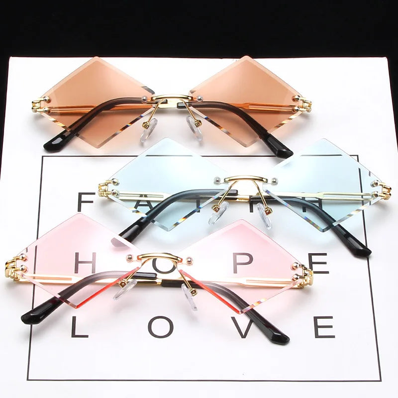 Popular Fashion Square Retro Vintage Frameless Durable Metal Hinge Shades Trendy Colorful Rimless Sunglasses Women