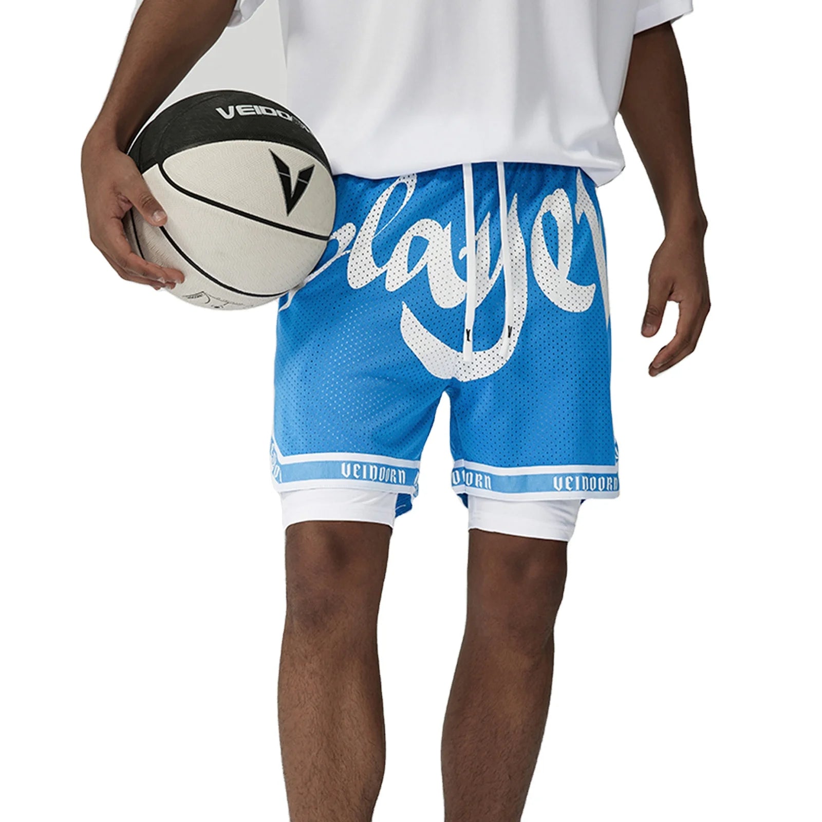 Veidoorn Men's 1 2 Set Basketball Shorts Breathable Polyester Mesh Fabric Custom Logo Sport Shorts Legging Mid Waist Washed