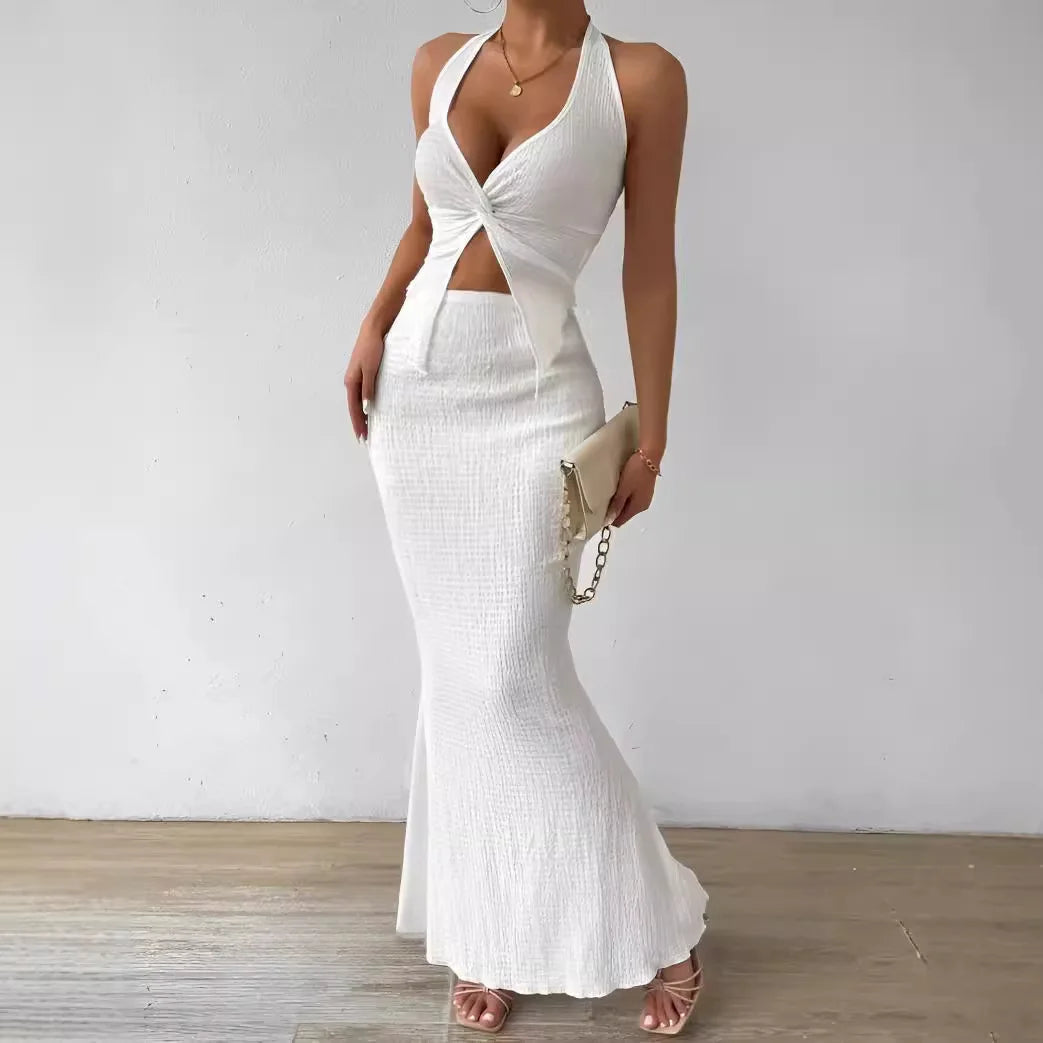 Women's Summer Elegant Double Cross-Border Sheep Horn Torsion Front Hanging Neck Crop Top Sequined Fish Tail MIDI Skirt Natural