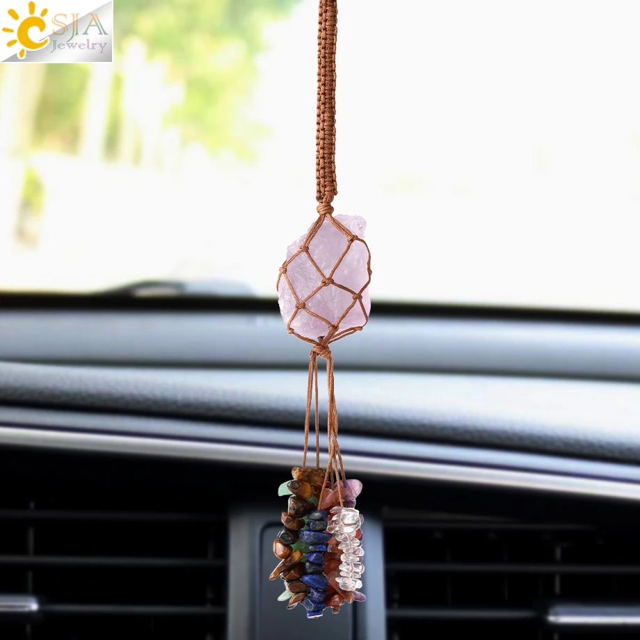 CSJA Energy Healing Stone Car Pendant Wire Wrapped Natural Raw Stone Tumbled Crystal Car Hanging Fengshui Decor G939