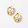 QIAOREN 12531 Modern Pearl U Hoop Earrings Gold Stainless Steel Centered Pearl Bold Horseshoe Hoops Women US EU