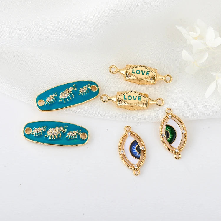 Wholesale 14K Gold Plated Enamel Elephant Eye Shape Connector Zircon Brass Jewelry Making Charms Accessories