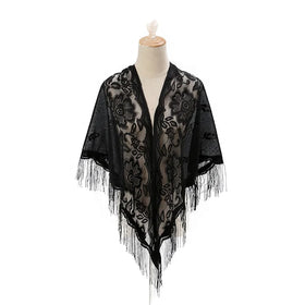 Hot Selling Lace Hollowed Out Solid Color Jacquard Triangular Scarf Shawl With Tassel for Women
