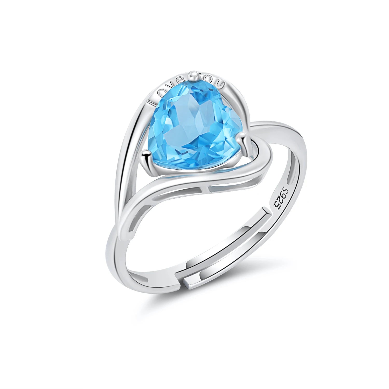 YBO Fashion 925 Sterling Silver LOVE YOU Engraved Heart Stone Ring Natural Topaz Adjustable Engagement Rings for Wedding Party