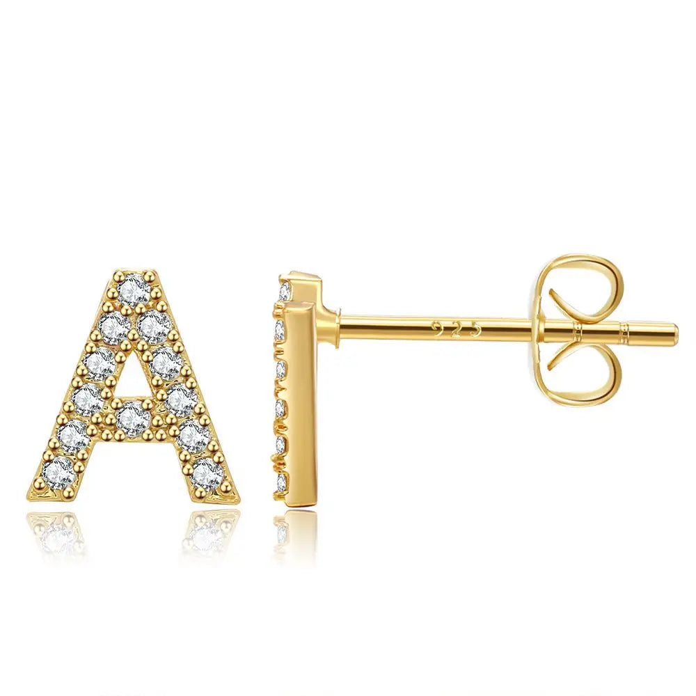 European American Personality Retro Initial Stud Earrings Gold Plated Zircon 26 Letters Earrings for Women