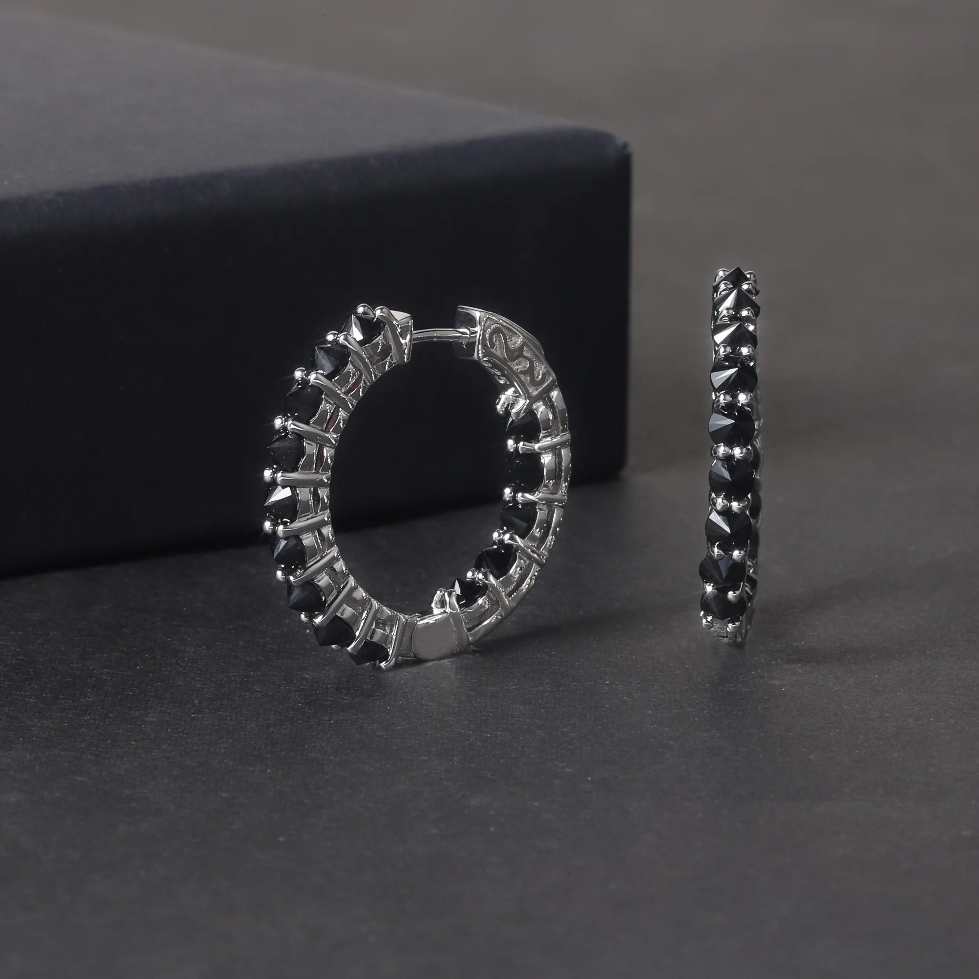 RZ0235 Abiding Fine Jewelry Fashion Style Round 3mm Natural Black Garnet 925 Sterling Silver Women Earrings Hoop