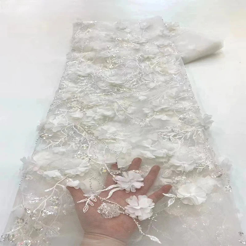 Dress Embroidery Fabric French White Sequins with Beaded Stones Lace for Wedding