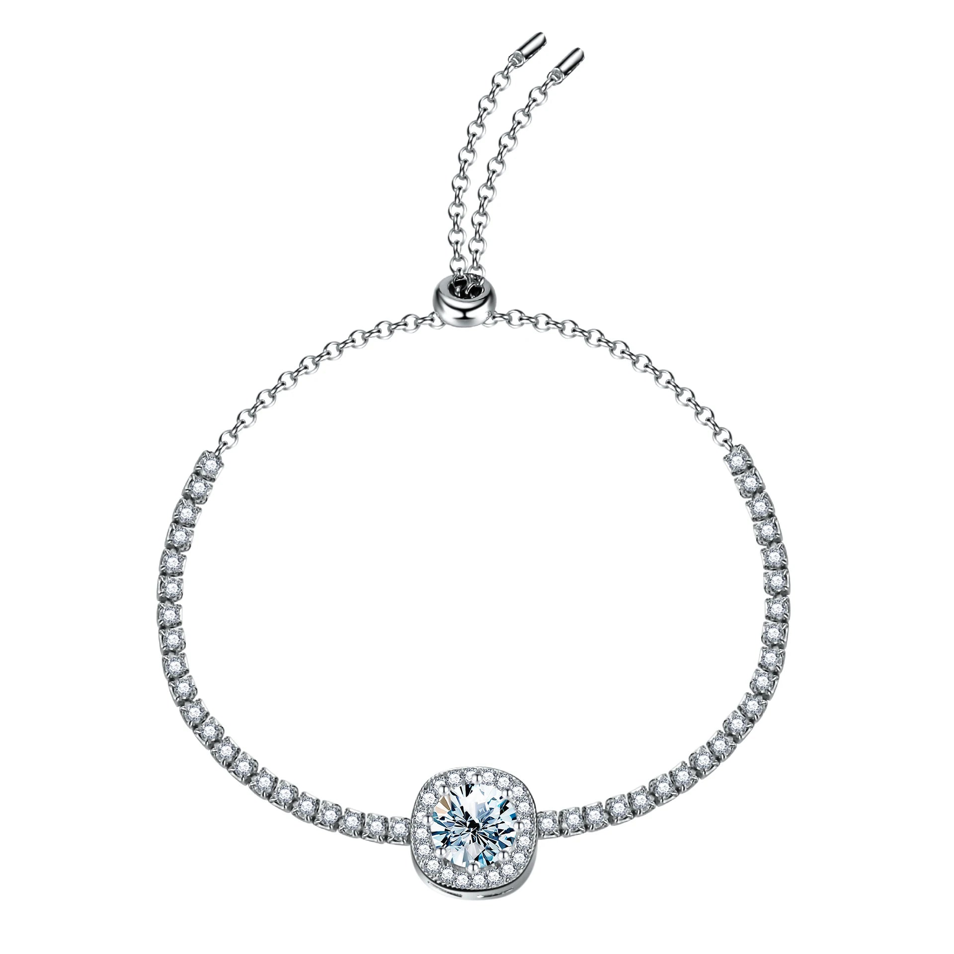 Wholesale Gra Certified Sparkling 1CT Real Diamond Moissanite Bracelet Square Halo 925 Sterling Silver Luxury Jewelry for Women