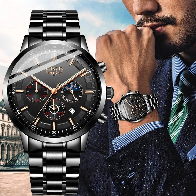 LIGE 9877 Men Watches Top Luxury New Steel Waterproof Sport Quartz Watch Men Fashion Date Clock Chronograph Relogio Masculino