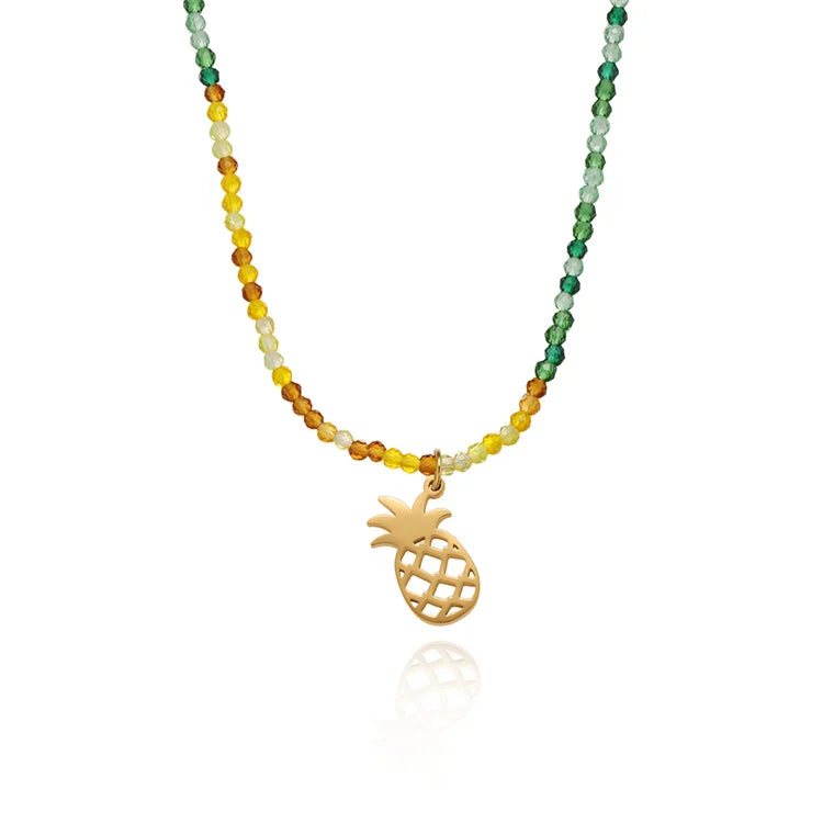 Dainty Gold Plated Stainless Steel Crystal Beaded Chain Pineapple Pendant Necklaces for Women