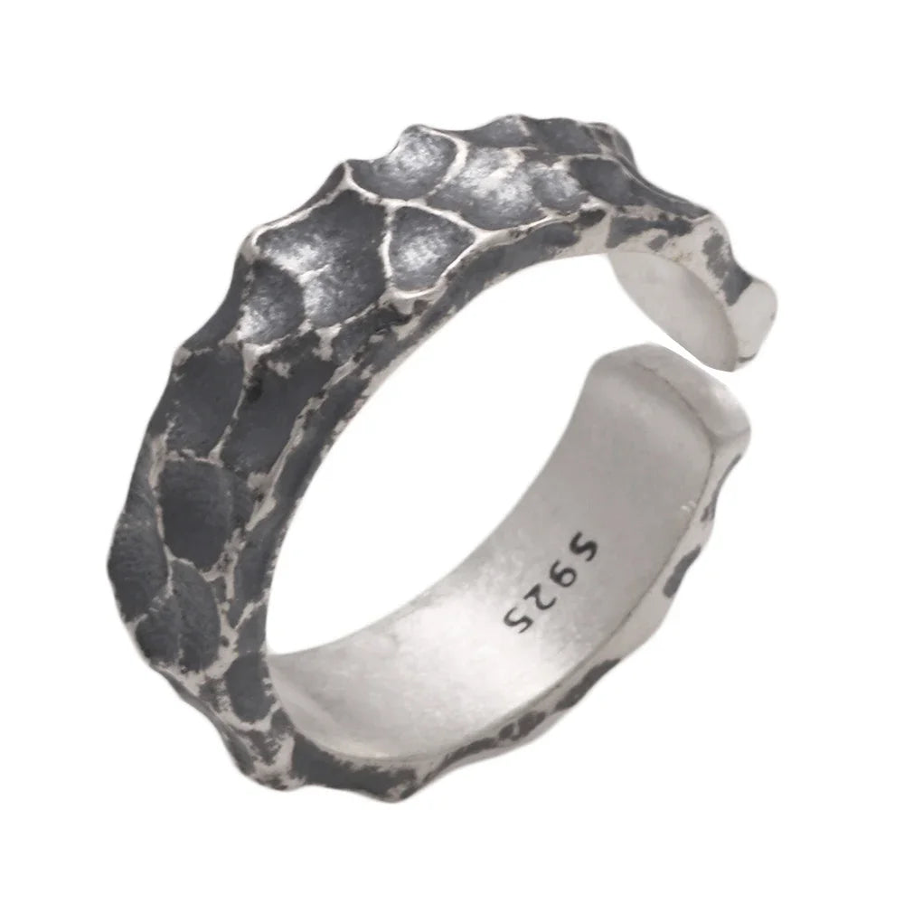 Real 925 Sterling Silver Mens Rings Open Type Hammer Pattern Retro Punk Jewelry