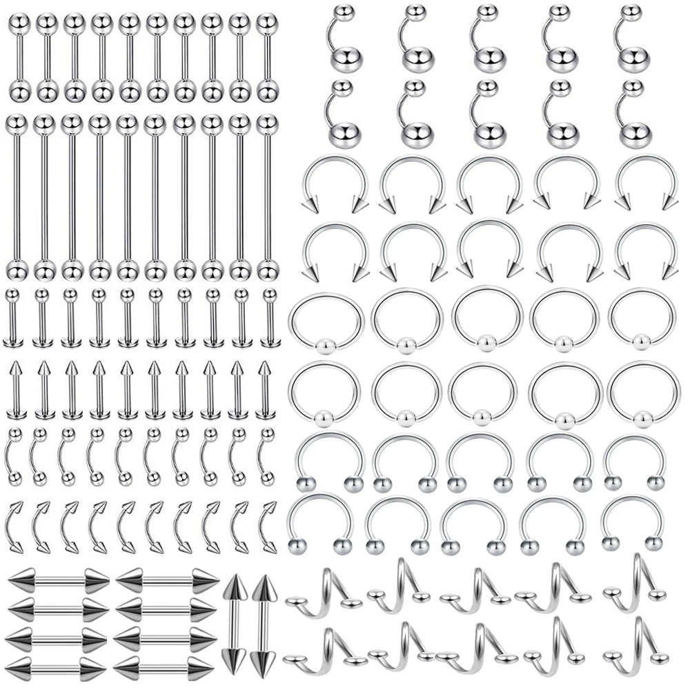 120 Pcs /set Circular Barbell Horseshoe Curve Spike Stainless Steel Body Piercing Jewelry Bar Lip Nose Rings Navel Nail