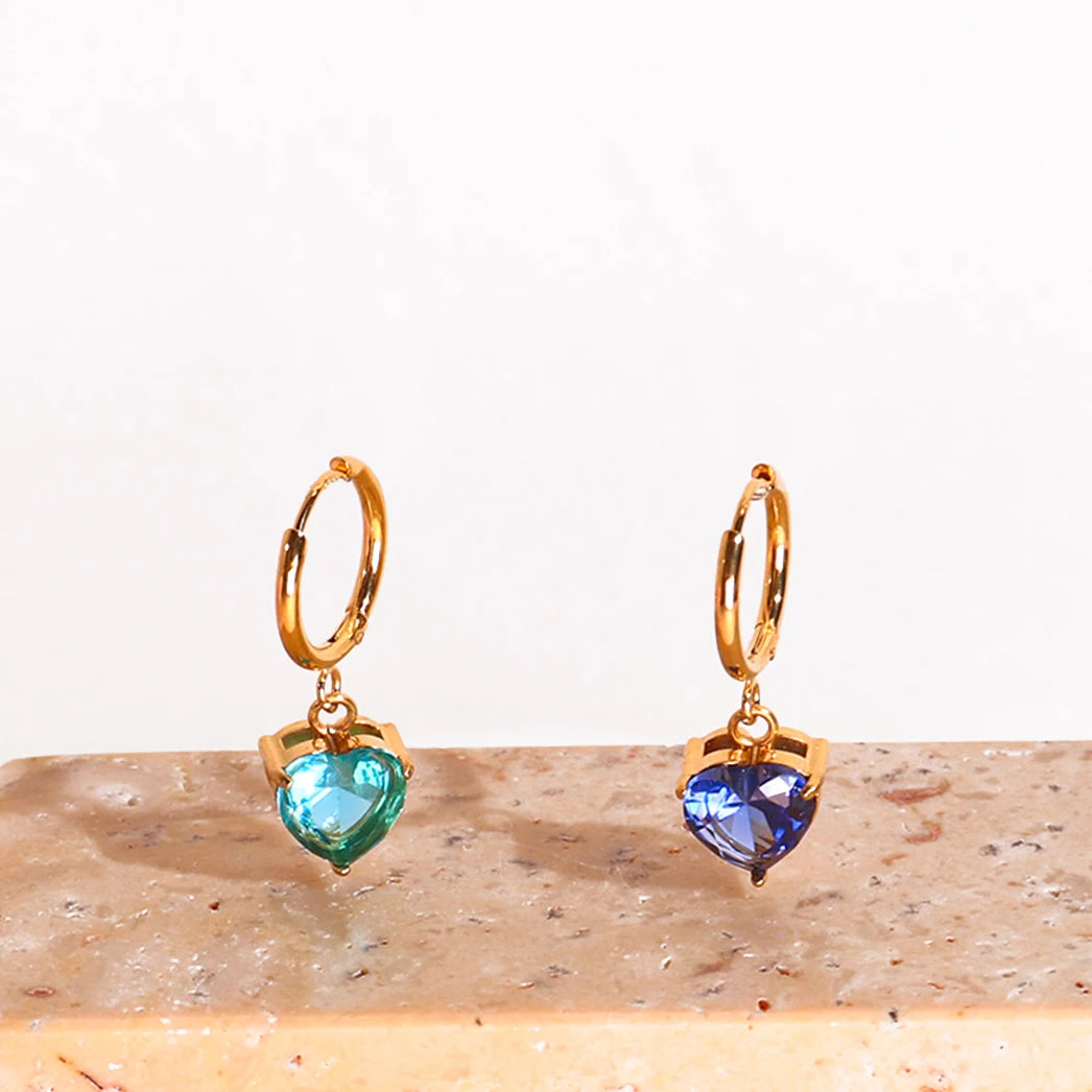 Luxury 18K Gold Plated Stainless Steel Hoop Earrings Water Resistant Geometric Heart Shaped Zircon Wholesale Jewelry