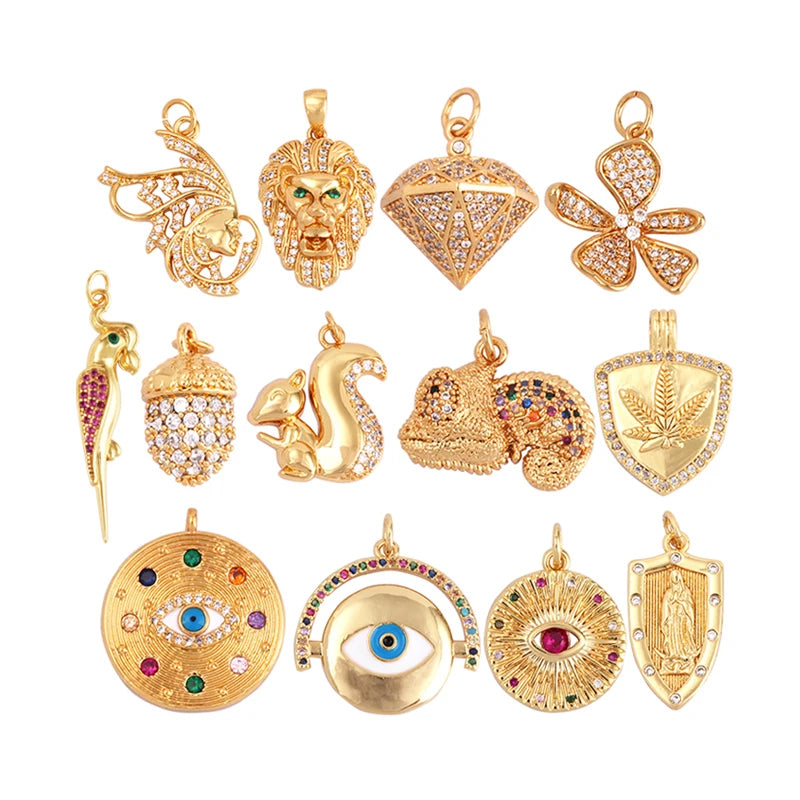Lion Head Squirrel Pine Cone Evil Eye Cubic Zirconia CZ Paved Charm Pendant18K Real Gold Plated ColourCraft Jewelry Supply S29