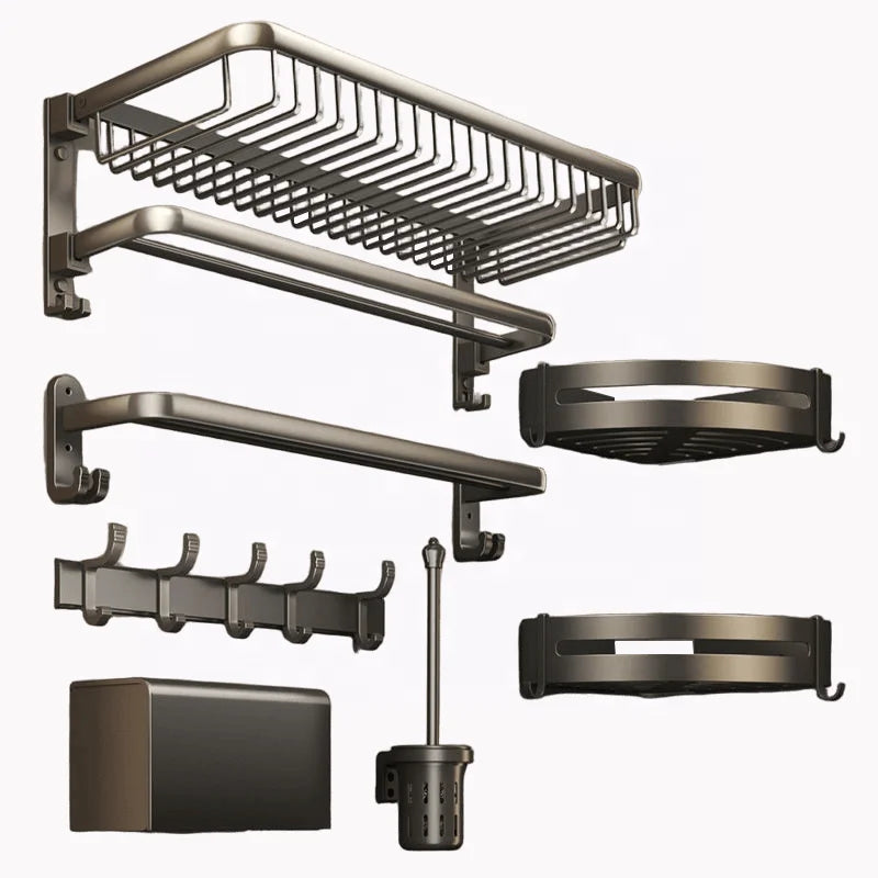 Aluminium Storage Rack Hardware Accessories Set 7 Pieces Matte Gray Towel Rack Shelf Bathroom Hardware Set