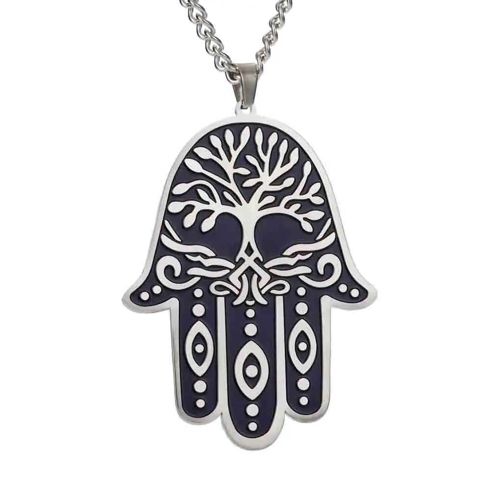 Vintage Hamesh Hand Pendant Necklace EvilEye Stainless Steel Engraved Charm Amulet Necklace Amulet Jewish Jewelry for Women Men