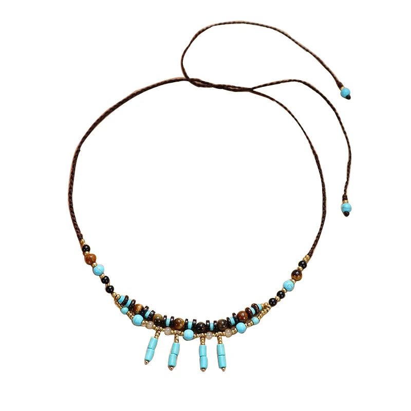 INS Hot Boho Turquoise Tube Charm Ethnic Headpiece Tiara Wedding Hair Jewelry with Tassel Eyebrow Heart Pendant for Parties