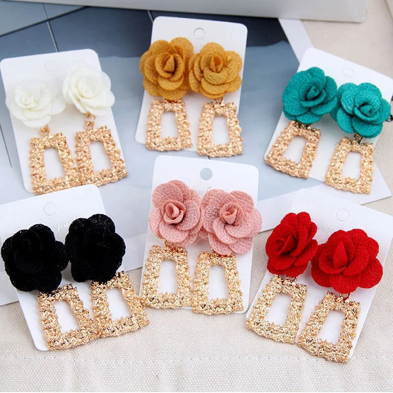 2021 Bohemian Vintage Cloth Flower Drop Earrings for Women Fringe Dangle Earring Geometric Long Big Dangle Earrings Jewelry