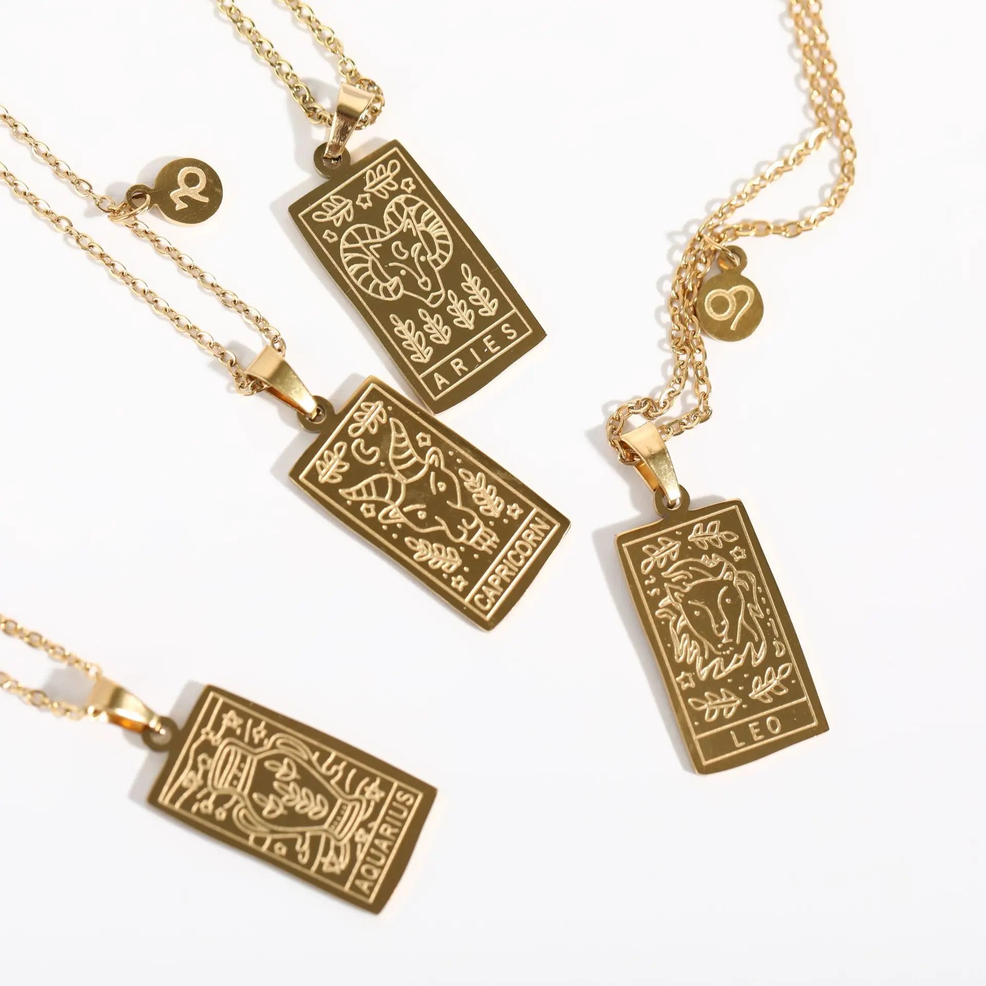 Square Brand Pendant Gold Plated Horoscope Stainless Steel Sweater Chain 12 Zodiac Sign Necklace