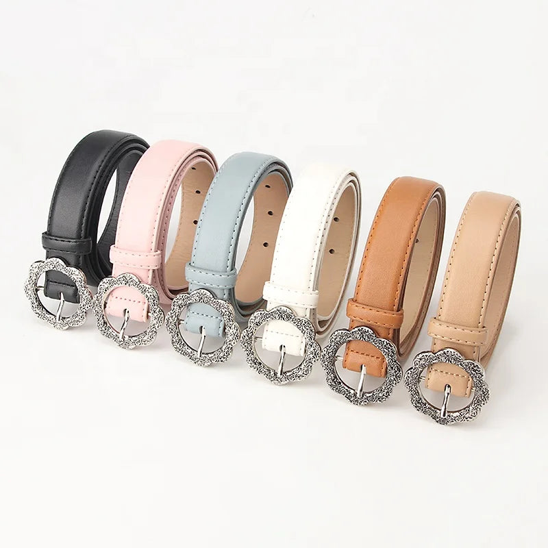 JULUN Women's Casual Western Cowgirl Belt Solid Color Slim PU Strap Rhinestone Flower Alloy Buckle Silver 2.8cm Width 101cm