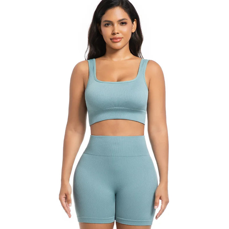OEM Spring Color Ribbed Embroidery Loungewear Women Sets Summer T Shirt Shorts Set Custom Logo 2 Piece Set Clothing for Women