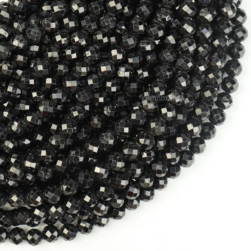 Natural Faceted Black Tourmaline Loose Gemstone Beads for DIY Jewelry Making 2mm 3mm 4mm 6mm 38cm Strand